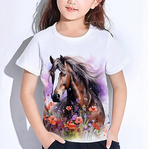 Mädchen 3D Graphic Tier Pferd T-Shirt Kurzarm Sommer Frühling Modisch Basic kinderkleidung 4-12 Jahre Rundhalsausschnitt Outdoor Casual Täglich Regular Fit Image