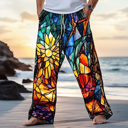 Herren Karomuster Patchwork Kathedralenfenster Hose Freizeithose Kordelzug Elastischer Bund Hawaiianisch Vintage-Retro Outdoor Urlaub Ferien Seitentaschen Gerade Hosen Sommer Frühling Herbst 3D-Druck Image