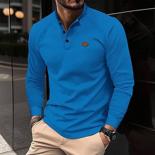 Herren Waffel-Henley-Hemd Langarm Glatt Textur Basic Modern Komfortabel Knopf Henley Arbeit Casual Festtage Frühling Herbst Schwarz Weiß Blau Henley T-Shirt Image