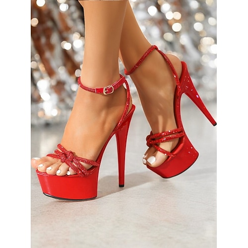 Damen Hochzeit Schuhe Hochzeit Hochzeits-Heels Hochzeitssandalen Brautschuhe Strass Plattform Konischer Absatz Offene Spitze Modisch Glanz Schnürsenkel Schwarz Silber Pink Image