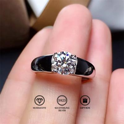 TEMU Moissanite 1pc 1 Carat Round Moissanite Ring In S925 Silver: Stunning Classic Simple Ornament, Wedding Promise Synthetic Gemstone Ring For Men' Use, Great Anniversary And Birthday Gift Image