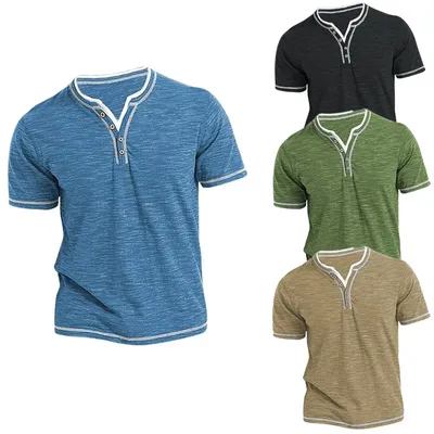 New Cotton Small V-neck Short Sleeve T-shirts Men's Casual Henley Collar Shirt Casual Slim Elastic Tops Tees Bottoming Shirts