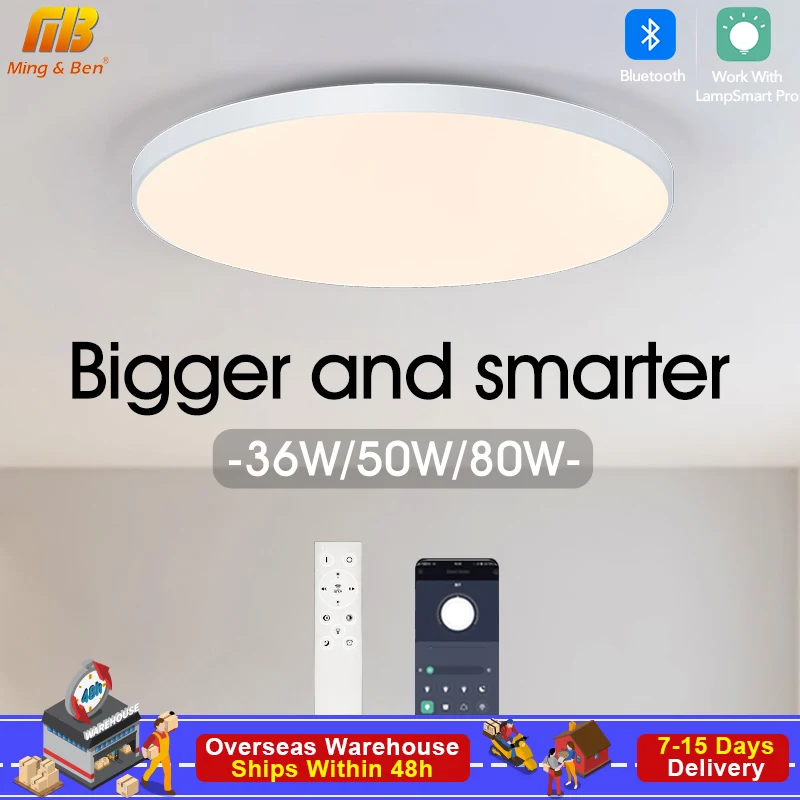MING&BEN Intelligente LED-Deckenleuchten, 18,5 Zoll, runde, moderne LED-Deckenleuchte mit APP-Fernbedienung, dimmbar, für Schlafzimmer, Wohnzimmer