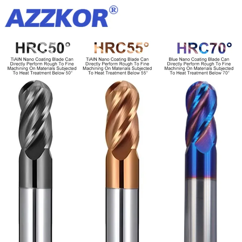 AZZKOR HRC50/55/70 Für Stahlmaterial-Schaftfräser 4-schneidiger Kugelschaftfräser Wolframkarbid CNC-Fräser Werkzeuge R0,5-R6,0 mm Image