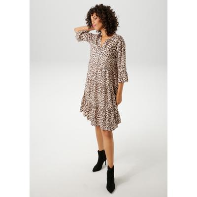 Tunikakleid ANISTON CASUAL, Damen, Gr. 38, N-Gr, braun (hellbeige, schwarz, hellbraun), Web, Obermaterial: 100% Viskose, bedruckt, animal-print, modisch, lässig geschnitten knieumspielend, V-Ausschnitt, 3/4-Ärmel Volant, Kleider, mit extravagantem... Image