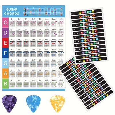 TEMU 2 Self-adhesive Guitar Stickers, 1 Guitar Chord Chart, And Guitar Picks (pick Colors Are Random), With A Pick Thickness Of 0.71 Mm, The Best Learning Tools For Beginners.