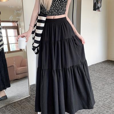 TEMU Spring And Autumn Women's High-waisted Slimming Versatile White Midi Skirt With Elastic Waist, Mid-length Black Skirt With Lining, Beach Party Long Skirt. Image