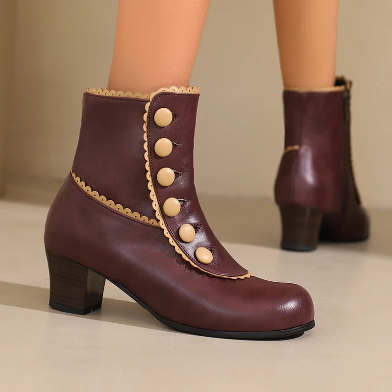Heels Winter Stiefeletten Damen Größe 48, Leder, 2025, Schuhe, Schnürung, Knöpfe, Dekor, Retro-Schuhe