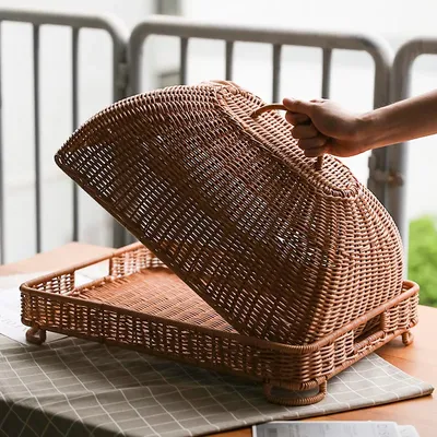 Retro Imitation Rattan Meal Cover Square Dining Table Cover Food Cover Fly-Proof Cover Hotel Snack Plate with Lid Breakfast Cover Fruit Basket Round Snack Basket Rattan with Lid Storage Basket Jewelry