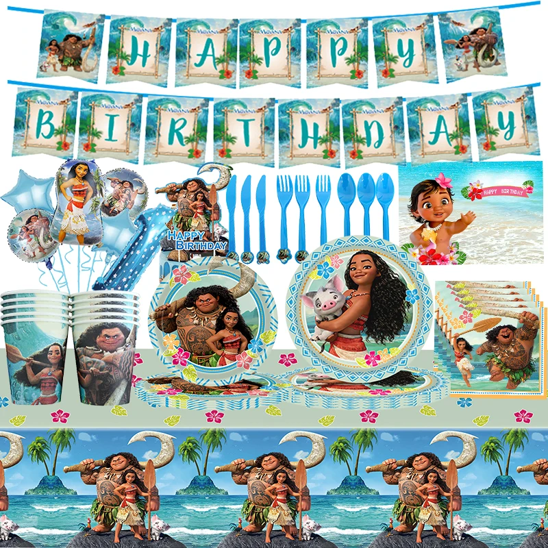 New Disney Moana Birthday Decoration Tableware Balloons Cup Plate Set Banner Vaiana Moana Theme Happy Birthday Party Deco Supply