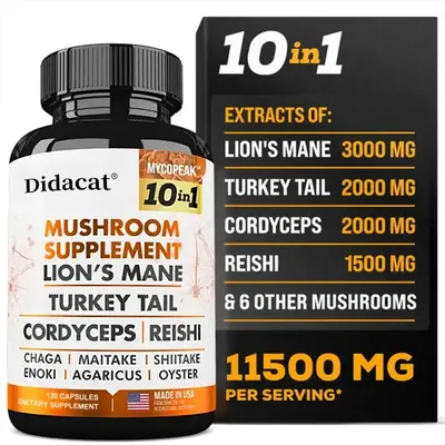 Mushroom Supplement 10x Complex - Lion's Mane, Turkey Tail, Cordyceps, Reishi - Memory & Focus,