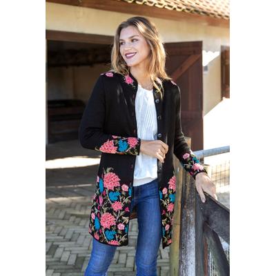 Midday Garden,'100% Baby Alpaca Black Long Cardigan with Floral Motifs'