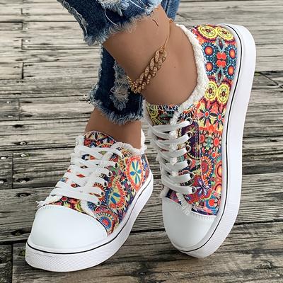 TEMU Print Canvas Sneakers, Trim Flat Low Top Skate Shoes, Casual Lace Up Walking Trainers Plus Size Image