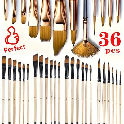TEMU 36pcs Set - Wood Brushes For Oil, , Watercolor Painting - To Brushes Image