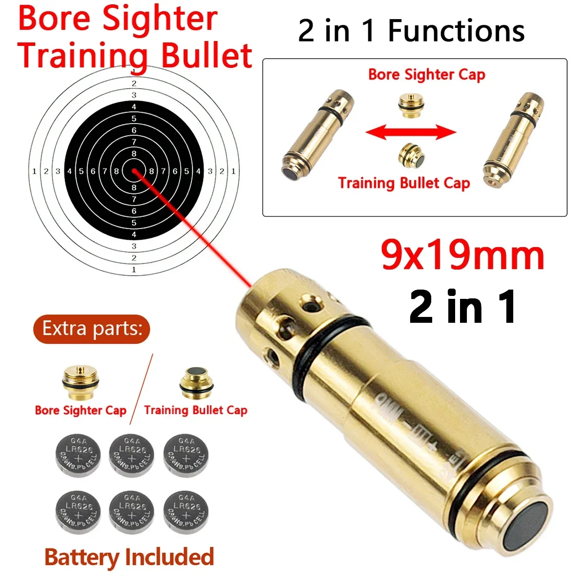 9 x 19 mm Laser-Trainingskugel- oder Bohrungsvisier, 2-in-1-Laservisierzeiger mit doppeltem Verwendungszweck für trockenes Feuer, 9 mm Trainings-Laserkugeln, 9 mm Image