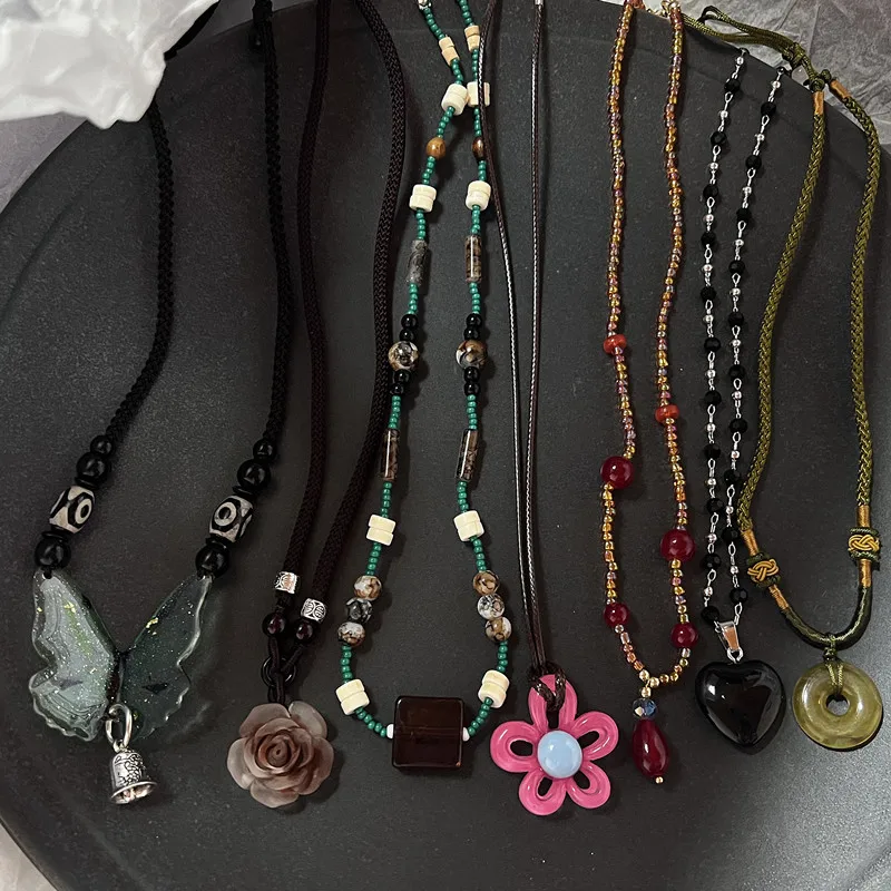 Neue Goth Vintage Bunte Steine Blume Anhänger Halskette für Frauen Trendy Punk Collier Hippie Ästhetischen Schmuck Weihnachten Geschenk