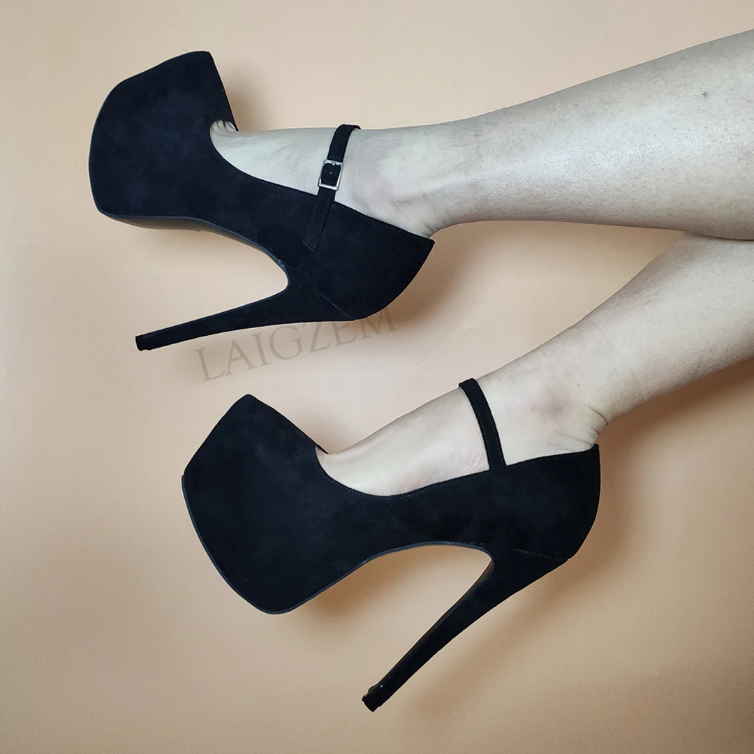 LAIGZEM SUPER Frauen Plattform Pumpen Faux Wildleder Dünne High Heels Cospaly Sandalen Party Schwarze Schuhe Frau Große Größe 44 47 48 50 52