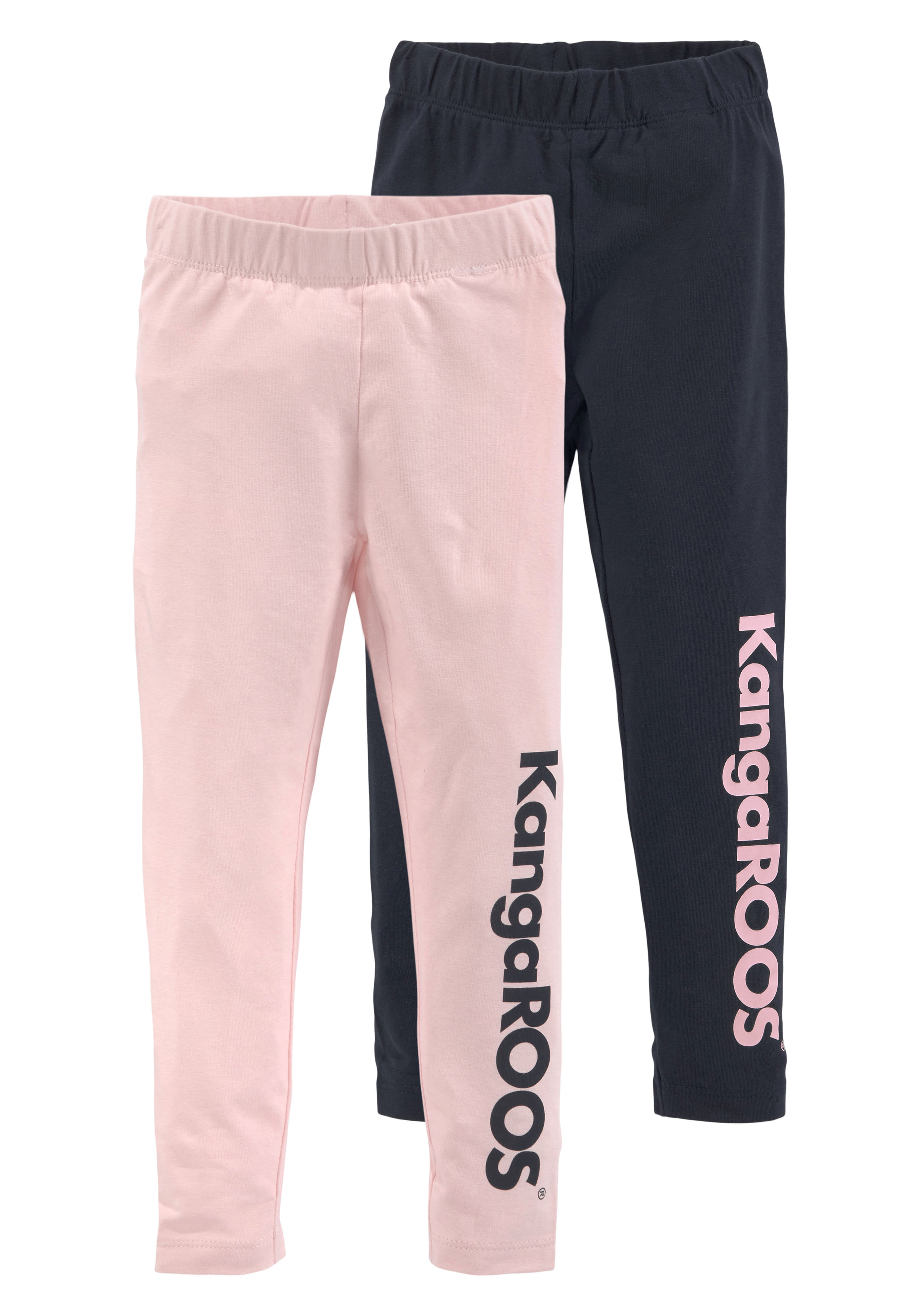 Leggings KANGAROOS "2er Pack Leggings mit Kangaroos Schriftzug", Mädchen, Gr. 92/98, N-Gr, blau (marine, rosa), Jersey, Obermaterial: 95% Baumwolle, 5% Elasthan, bedruckt, mehrfarbig, schmal lang, Hosen Leggings, Für kleine Mädchen