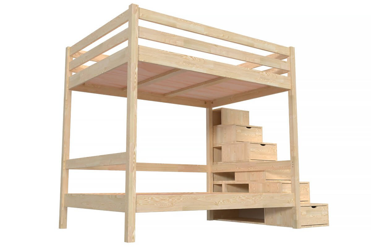 Lit superposé 140x200 double + escalier rangement Sylvia - Vernis Naturel