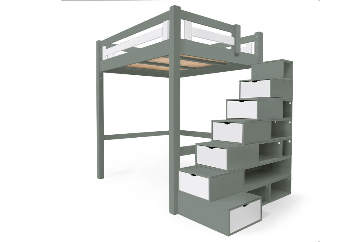 Lit Mezzanine adulte bois 160x200 Alpage hauteur réglable + escalier cube - Gris/Blanc