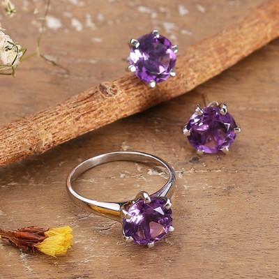 'Rhodium-Plated Ten-Carat Faceted Round Amethyst Jewelry Set'