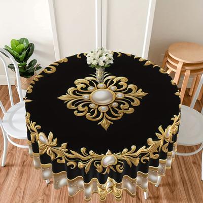 TEMU 1 Piece Black Background Gold Border Pearl Totem Print Circular Tablecloth Color Terrace Dining Table Cover Retro Tapestry Curtain Head Cover Towel Backyard Barbecue Picnic Mat 63 Inch Tablecloth Image