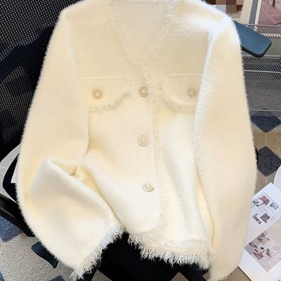 TEMU Flap Design Button Front Knit Cardigan, Elegant Long Sleeve Cardigan For Spring & Fall, Women's Clothing Image