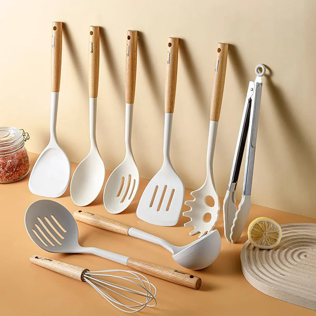 10Pcs Silikon Kochen Werkzeuge Set Große Spachtel Schaufel Suppe Holz Griff Löffel Küchengeschirr Utensilien Set Nicht-Stick küche Gadgets