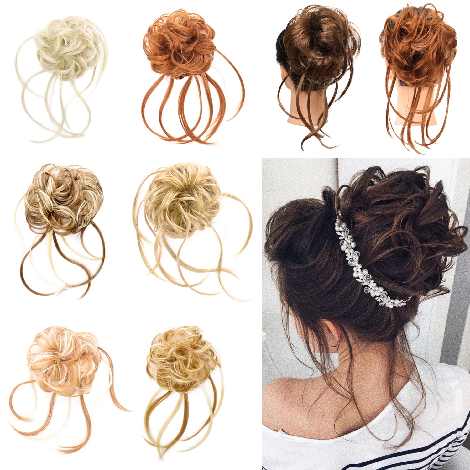 Chaotisches Haar Brötchen Stück zerzaust Hochs teck frisur Haar brötchen Haarteil Haar verlängerungen elastisches Gummiband Haar gummis für Haar synthetisches Chignon Image