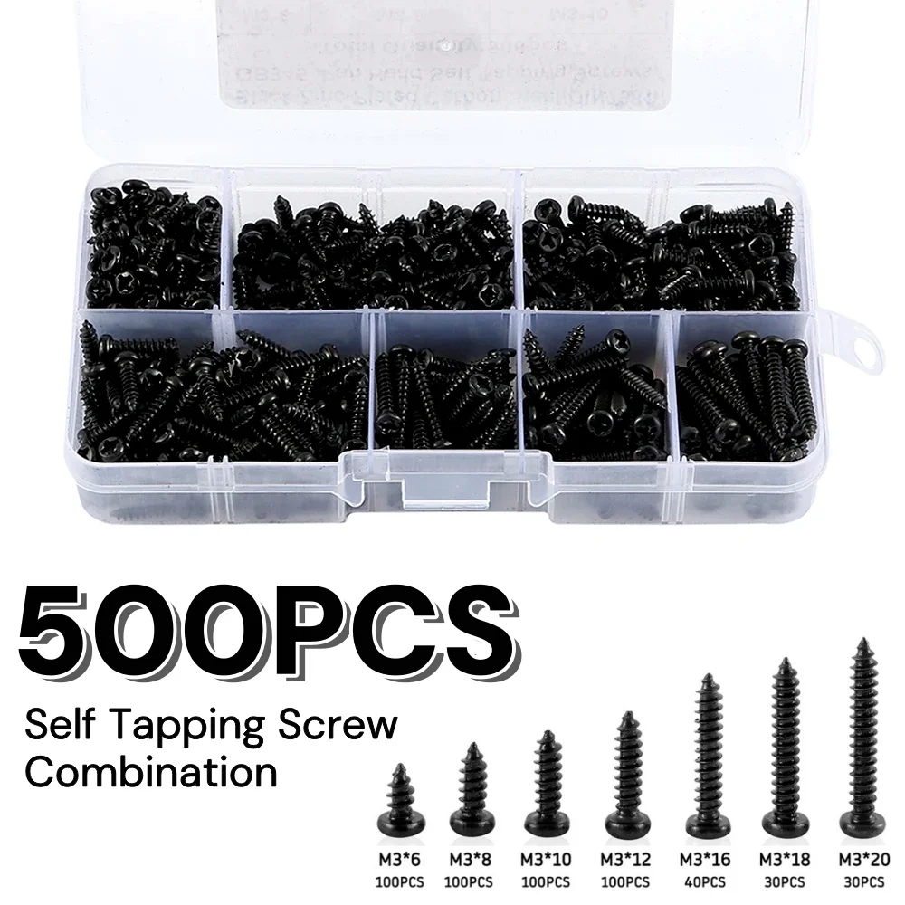 500/340/200PCS M3 Schraube Kreuz Kopf M3/M4/M3.5/M4.8 selbstschneidende Schraube Schwarz Carbon Stahl Flachkopf Rundkopf Schraube Kombination Image