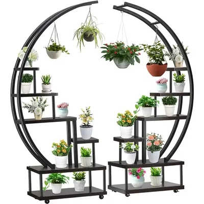 2 Pcs 6 Tier Tall Metal Indoor Plant Stand with Detachable Wheels, Half-Moon-Shaped Plant Shelf