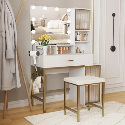 Makeup Vanity Desk with Mirror and Lights, Vanity Table with Power Outlet, 3 Color Adjustable