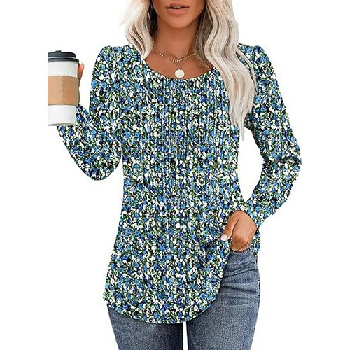 Damen Hemd Bluse Gerafft Einfarbig Basic Lässig Langarm Rundhalsausschnitt Normale Oberteile Täglich Blau Schwarz Weiß Rosa Wein Sommer Frühling Image