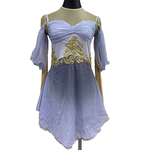 Eiskunstlaufkleid Damen Mädchen Eislaufen Kleider Violett Patchwork Daumenloch Gitter Spandex elastisch Ausbildung Praxis Professionell Eiskunstlaufkleidung Kristalle Langarm Eiskundstlauf Image