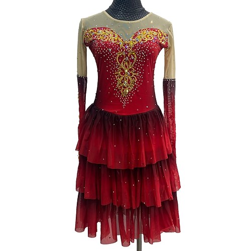 Eiskunstlaufkleid Damen Mädchen Eislaufen Kleider Rot Patchwork Daumenloch Gitter Spandex elastisch Ausbildung Praxis Professionell Eiskunstlaufkleidung Kristalle Langarm Eiskundstlauf Image