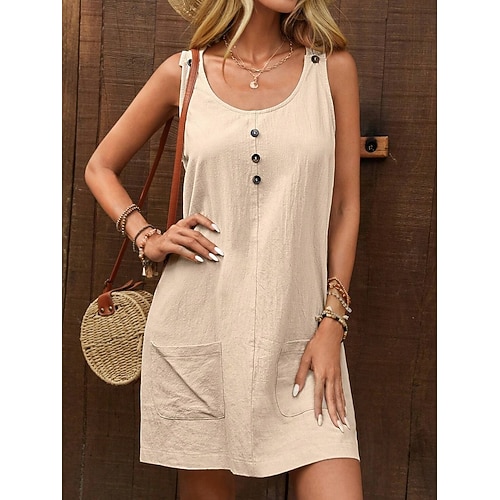 Damen Minikleid Kleider in Leinenoptik Kunstbaumwollleinen Shiftkleid Sommerkleid Basic Lässig Täglich Urlaub Normale Passform Einfach Ärmellos U-Ausschnitt Armeegrün Beige Sommer Frühling Image