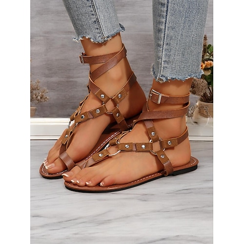 Damen-Gladiatorsandalen im Bohemian-Stil – flache Riemchenschuhe im Römerstil mit Schnürung und Nietendetails für Sommer, Strand und Freizeit Image