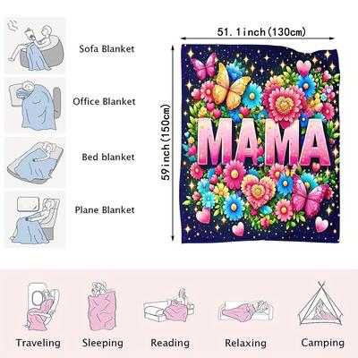 "TEMU Vibrant Floral & Mama Flannel Blanket – Tear-resistant, Throw For Mother’s Day, , Or Gifts, Cozy With "mama" Design And Sparkling Stars, Decorative Shawl | Sparkling Stars Accent |" Image