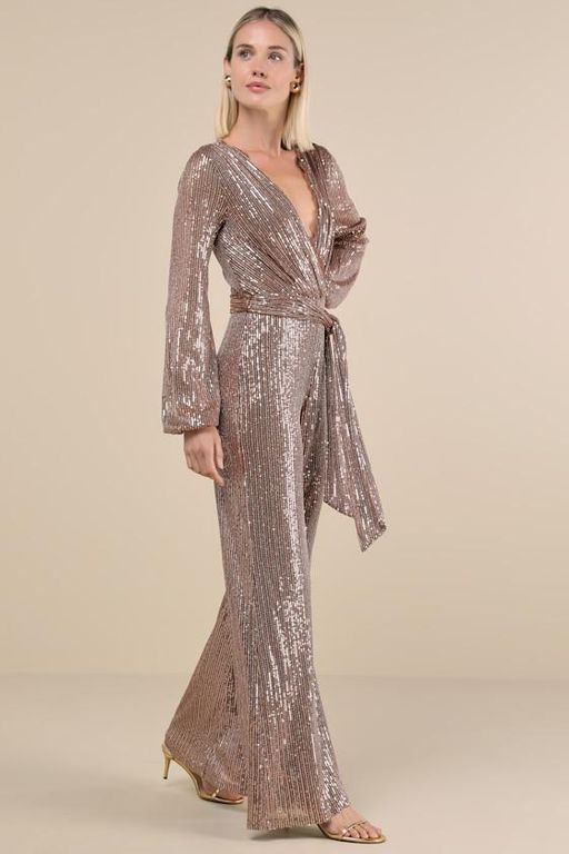 Effervescent Attitude Bronze Mesh Sequin Long Sleeve Jumpsuit - Natural - Lulus Jumpsuits