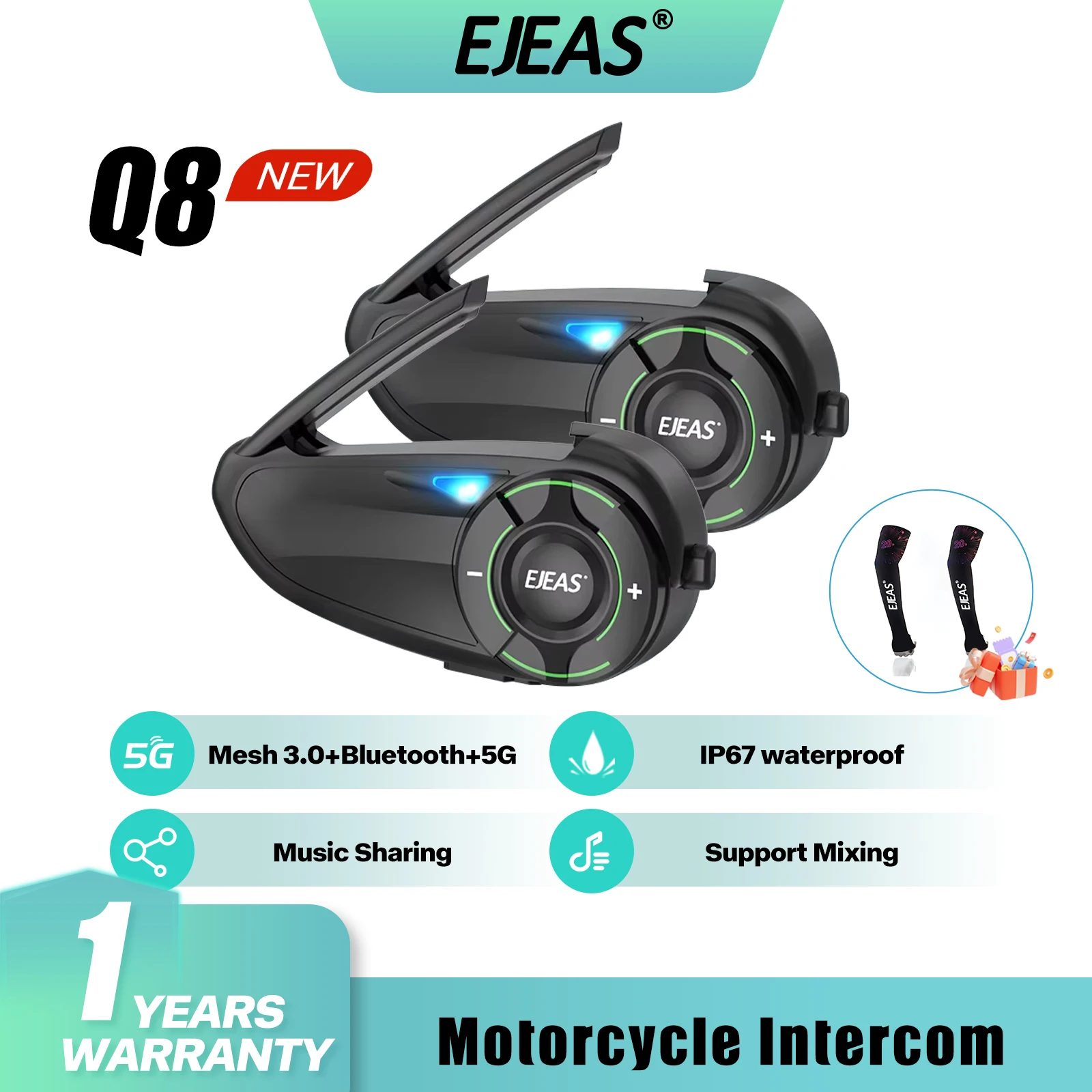 EJEAS Q8 Interfono per casco moto Auricolare Interfono Mesh3.0 + 5G + Bluetooth per 6 ciclisti Interfono parlante Condivisione musicale IP67