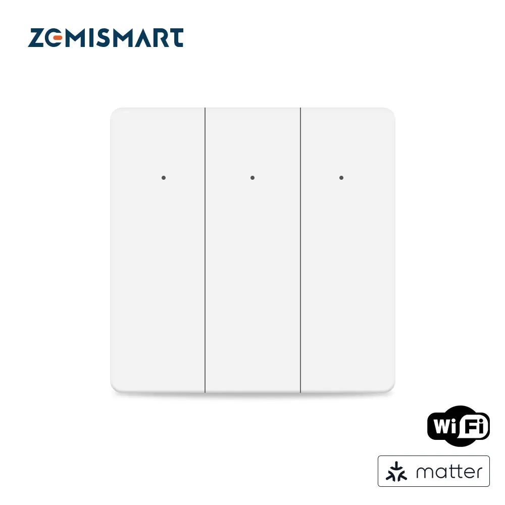 Zemismart Matter WiFi-Wandlichtschalter, 1, 2, 3 Gangs, EU Smart, mit neutralen Drucktastenschaltern, SmartThings, Google Home Control Image