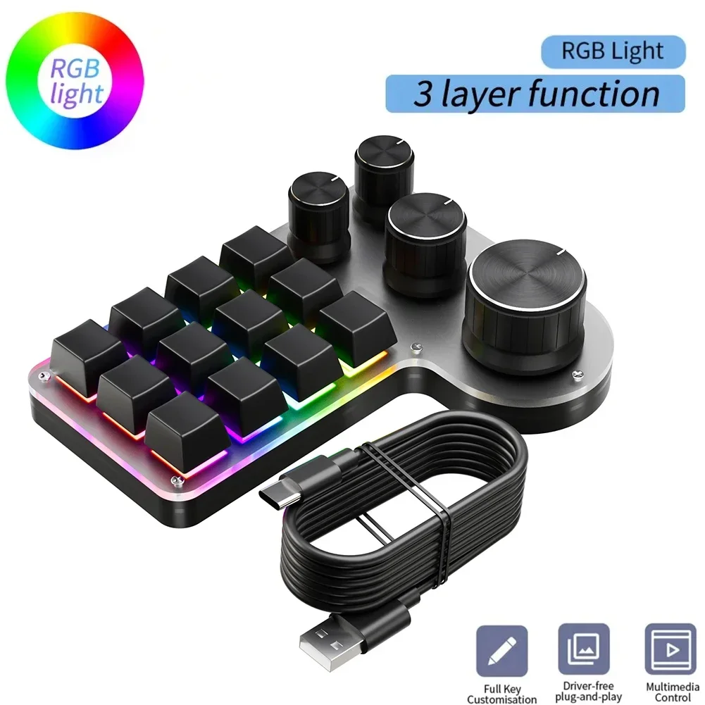 12 Tasten, 4 Knöpfe, Programmier-Makro, benutzerdefinierte Tastatur, Hot-Swap-fähige USB-verkabelte/Bluetooth-kompatible Programmier-Makro-Tastatur für Photoshop Image
