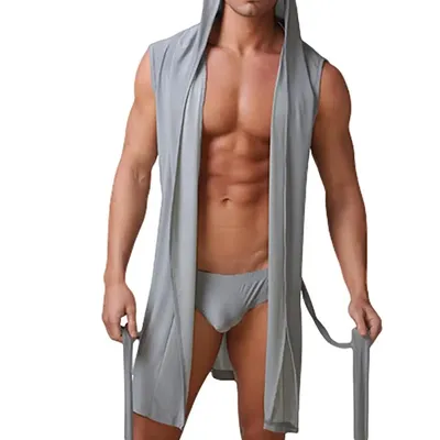 Männer Sommer Kleid Bad Robe Sexy Pyjamas Nachtwäsche Hombre Sleeveless Mit Kapuze Casual Kimono