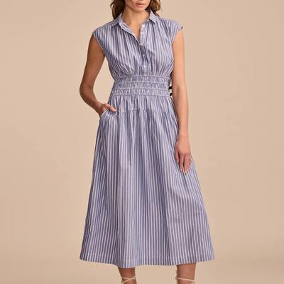 Lucky Brand Smocked Dropped Waist Midi Dress - Women's Clothing Dresses Shirt Midi Dress in Blue Stripe, Size L