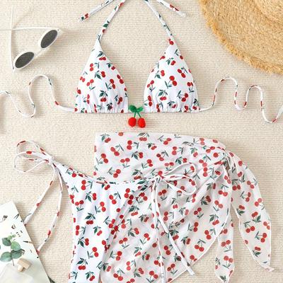 TEMU Cherry Print 3 Piece Set Bikini, Halter Neck Tie Side High Cut With Cover Up Skirt Swimsuits, Women's Swimwear & Clothing Image