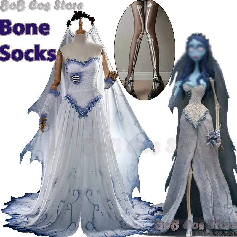 Corpse Masquerade Bride Emily Cosplay Fancy White Dress Kostüm Perücke Schleier Zombie Ghost Halloween Party Frauen Gruseliger Gothic-Anzug Image
