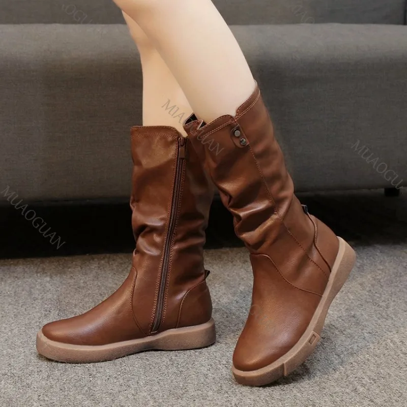 Mode Frauen Herbst Winter Mittlere Waden Stiefel Runde Kappe Zipper Plissee Dicken Boden Leder Casual frauen Schuhe Schwarz Braun botas
