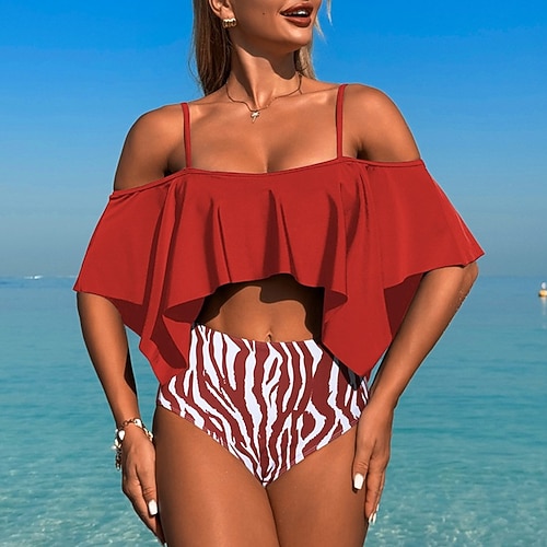 Damen Tankini Bikini, Zweiteiler Rüsche Bademode Badeanzug Schwarz Braun Atmungsaktiv Schnelltrocknend Leichtgewichtig Ärmellos - Schwimmen Surfen Strand Sommer Frühling Image
