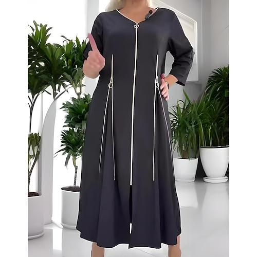 Damen kleid lang Casual kleid Arbeitskleidung Elegant Stilvoll Brautkleider schlicht Urlaub kleid hochzeitsgast Arbeit Regular Fit Glatt 3/4 Ärmel V Ausschnitt Schwarz Sommer Frühling Herbst