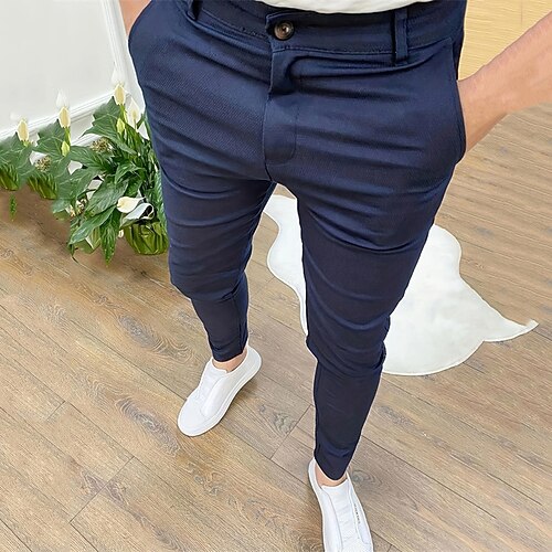 Herren Eng Hose Hosen Chinesisch Chino Knopf Tasche Glatt Komfort Formal Party Arbeit Modisch Klassicher Stil Schwarz Blau Mikro-elastisch Image